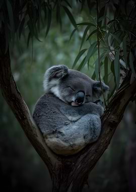 Koala sleeping on a tree branch