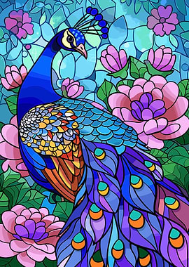 Stained Glass Peacock with Flowers