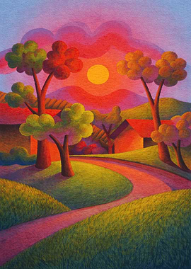 Stylized Sunset Landscape with Winding Path