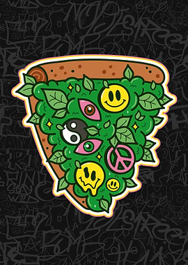 Psychedelic Weed Pizza Slice with Trippy Symbols