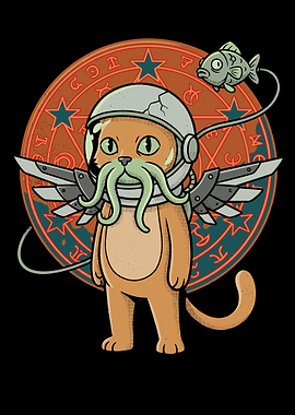 Cosmic Cat with Tentacles and Fish