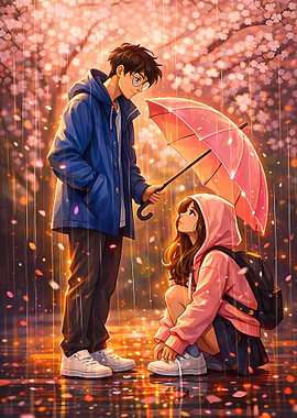 Couple Sharing Umbrella in Rain