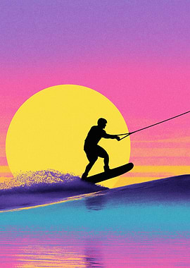 Wakeboarder silhouetted against sunset