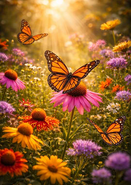 Monarch Butterflies in a Flower Field