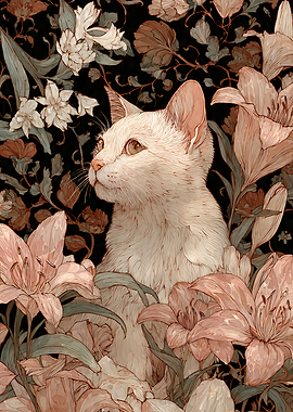 White Cat Amongst Pink Lilies