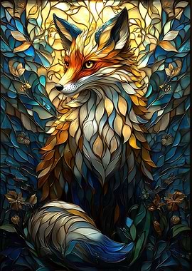 Stained Glass Fox with Floral Background