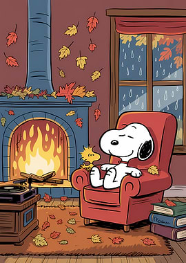 Snoopy and Woodstock enjoy a cozy autumn day