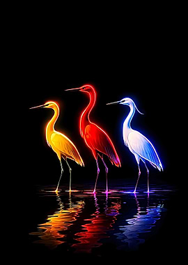 Three Neon Herons in Water