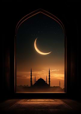 Mosque Silhouette at Sunset with Crescent Moon