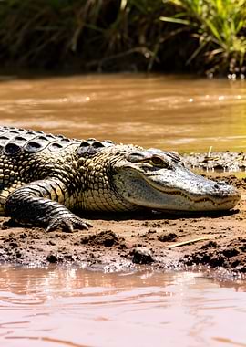 Alligator on muddy riverbank