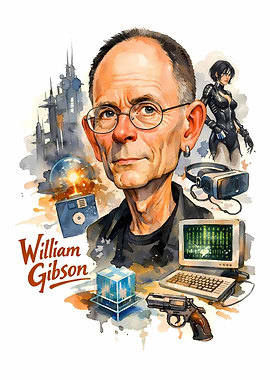 William Gibson Portrait with Sci-Fi Elements