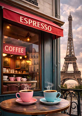 Parisian Cafe with Eiffel Tower View