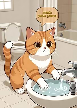 Cute Cat Washing Paws in Bathroom