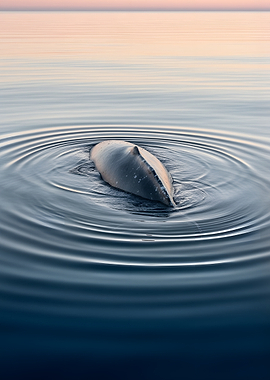 Whale tail surfaces in calm water