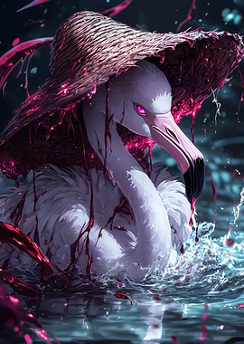 Flamingo in Straw Hat with Pink Splatter