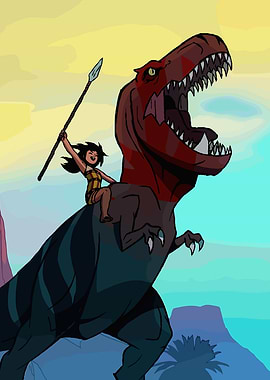 Cave Girl Riding a Dinosaur