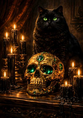 Black Cat Golden Skull Gothic Dark Academia Painting