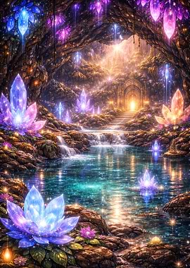 Enchanted Crystal Cave with Waterfall