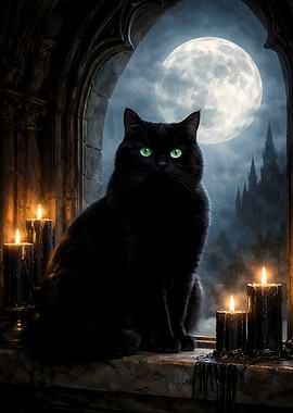 Black Cat Moon Dark Academia Gothic Window Painting