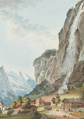 Alpine Village with Waterfall