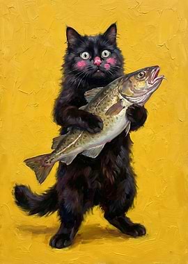 Black Cat Holding a Fish