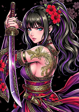 Phoenix Samurai Girl – Floral Katana Warrior on Black
