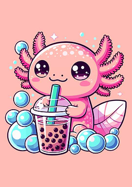 Kawaii Axolotl Poster, Cute Pink Axolotl Drinking Bubble Tea Wall Art Print