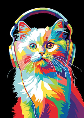 Colorful Cat Wearing Headphones