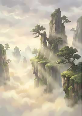 Misty Mountain Peaks with Trees