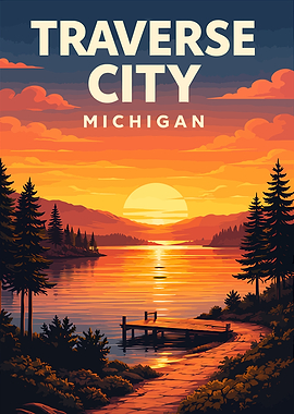 Traverse City Michigan Travel Poster – Lake Michigan Vintage Wall Art Print