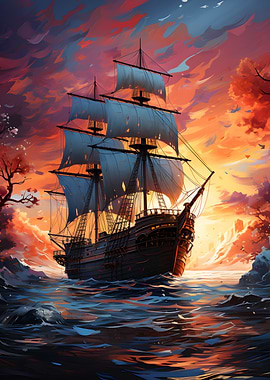 Pirate Ship Sailing at Sunset