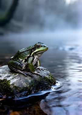 Frog on a mossy rock by the water