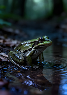 Green frog in shallow water