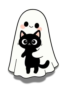 Cute Ghost Hugging Black fat Cat