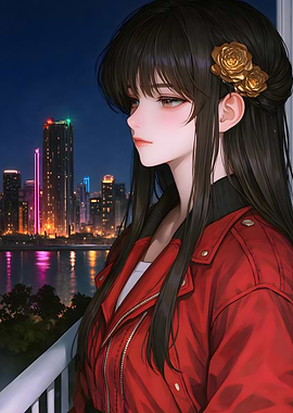 Anime Girl in Red Jacket Overlooking Cityscape