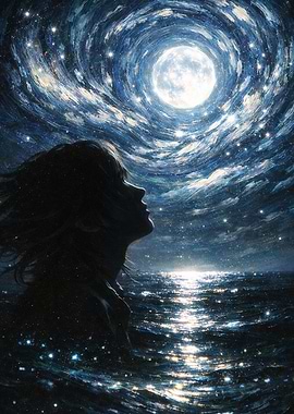 Woman gazing at a swirling starry sky