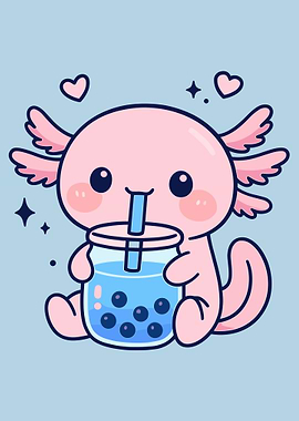 Cute Axolotl Poster, Pink Cartoon Axolotl Drinking Bubble Tea, Whimsical Animal Art Print