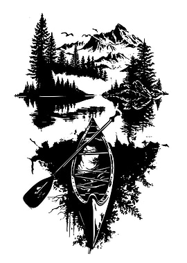 Canoe and Mountain Landscape Reflection