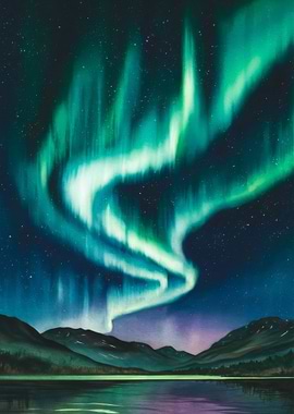 Aurora Borealis over Mountains and Lake