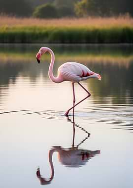 Flamingo standing in water at sunrise
