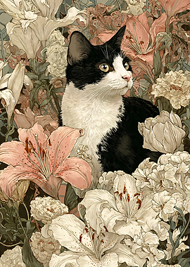 Tuxedo Cat Among Flowers