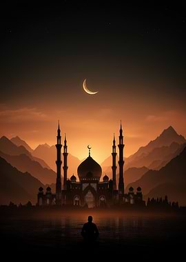 Mosque at Sunset with Crescent Moon