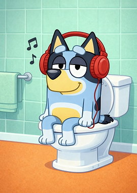 Bluey Dog Listening to Music on Toilet