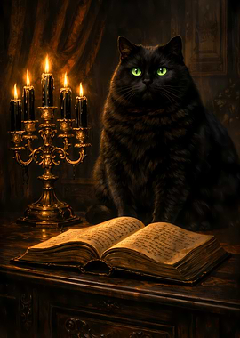 Black Cat Scholar Dark Academia Gothic Library Painting