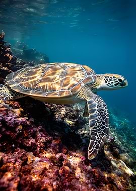 Sea Turtle Swimming Over Coral Reef