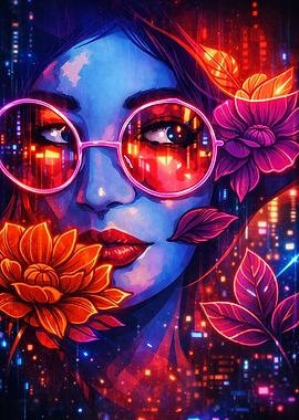 Cyberpunk Woman with Flowers and City Lights