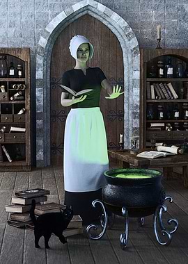 Medieval witch making a potion with her black cat familiar