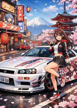 Anime girl with car and Mount Fuji