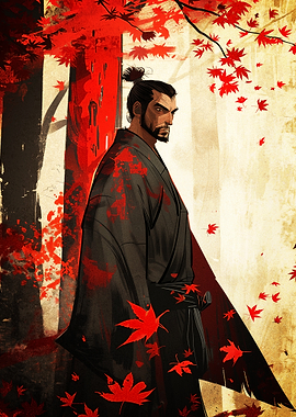 Samurai in Autumn Forest Art Poster
