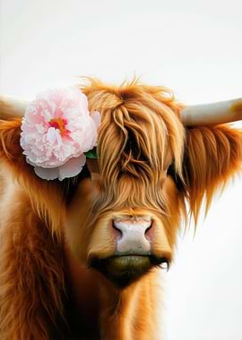 Highland Cow with Pink Flower
